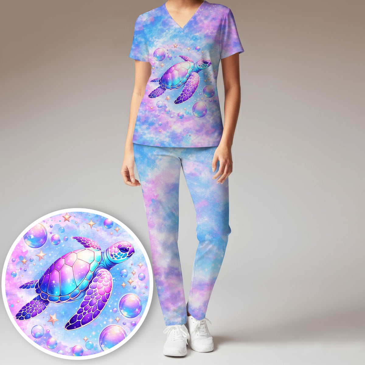 Pastel Galaxy Sea Turtle Bubble Art Scrub Set, Scrub Pants and V Neck Top