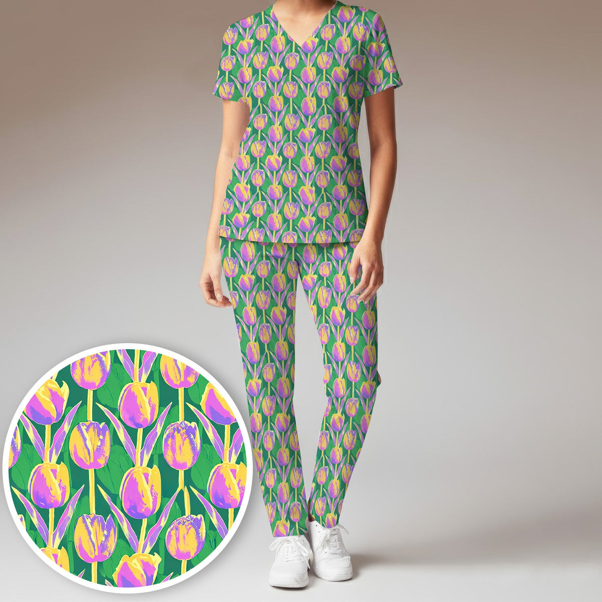 Colorful Tulip Floral Nurse Scrub Set