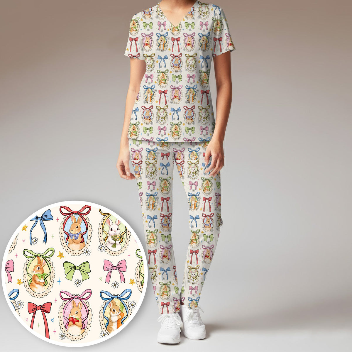 Bunny Cameo Bow Nurse Scrub Set - Easter Gift