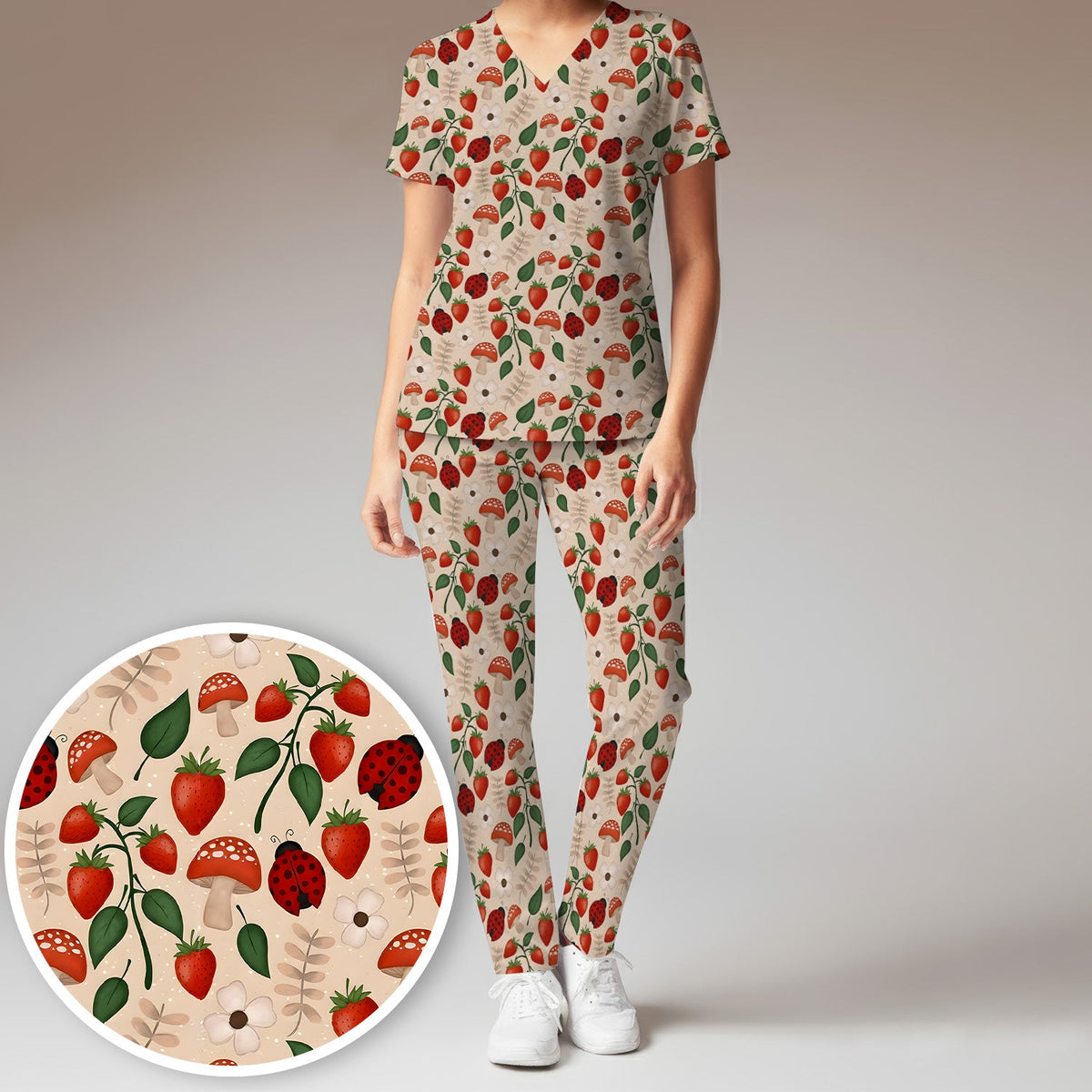 Strawberry Ladybug Mushroom Floral Nurse Scrub Set