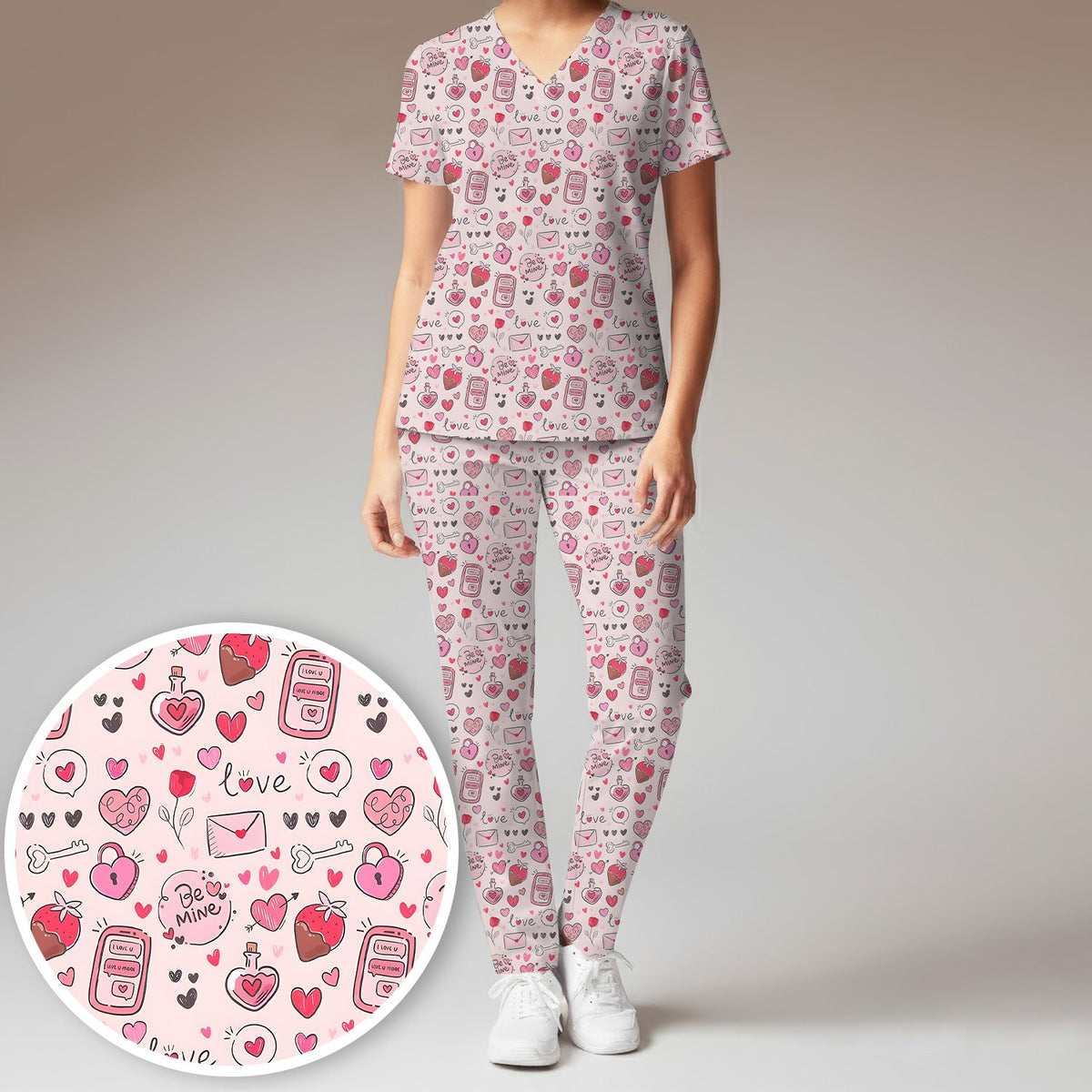 Be Mine Pink Heart Valentine Nurse Scrub Set