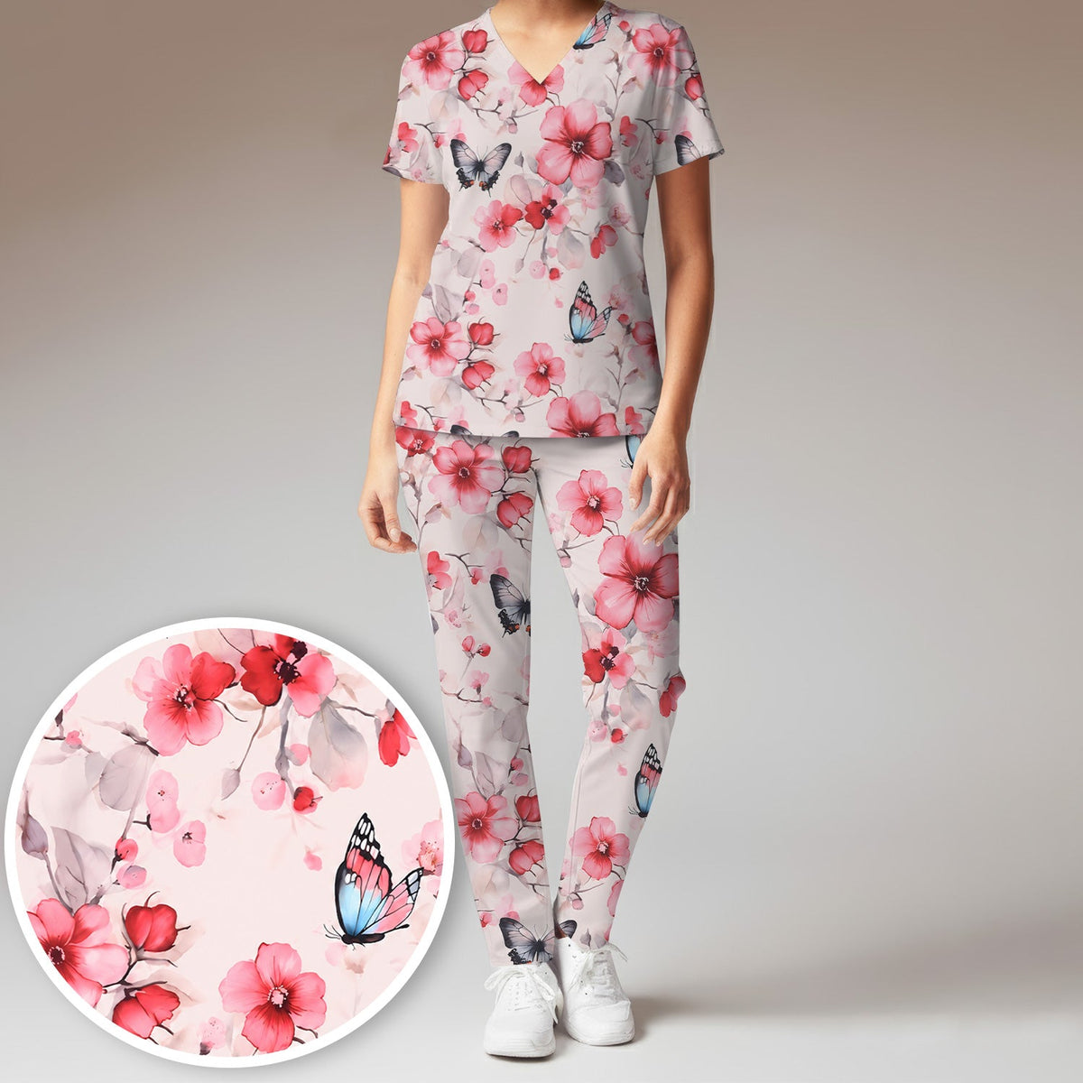 Pink Butterfly Blossom Nurse Scrub Set