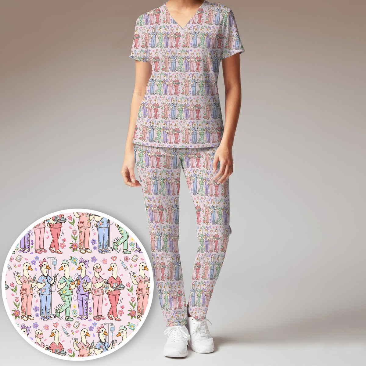 Goose Characters Floral Nurse Scrub Set