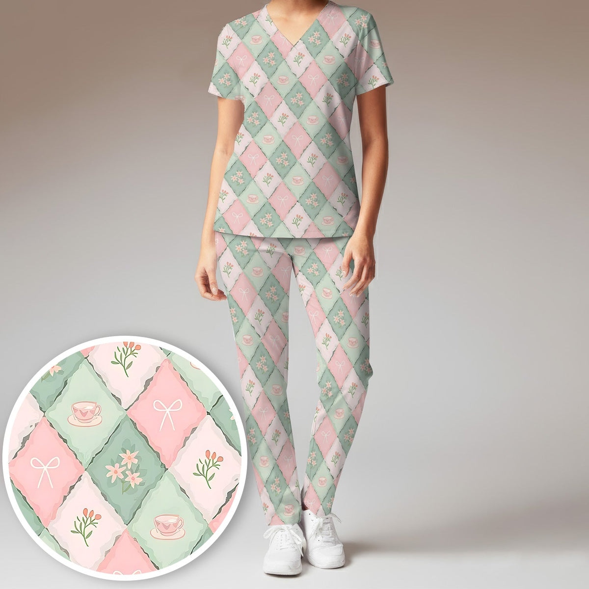 Flowers Tea Cups Nurse Scrub Set