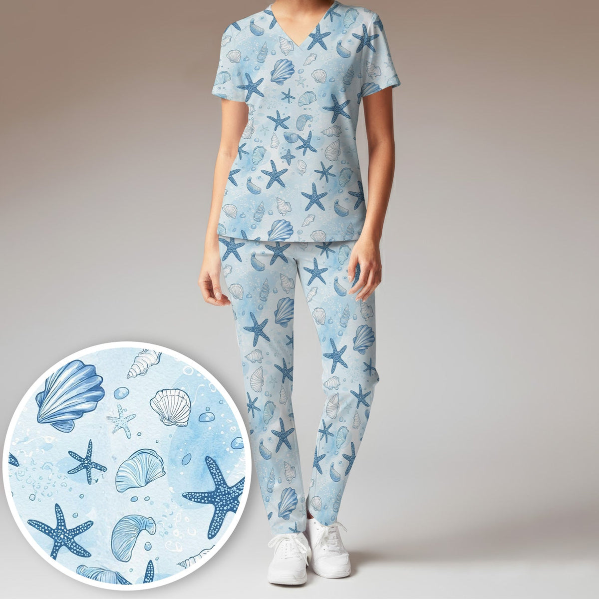 Blue Sea Shells Starfish Nurse Scrub Set