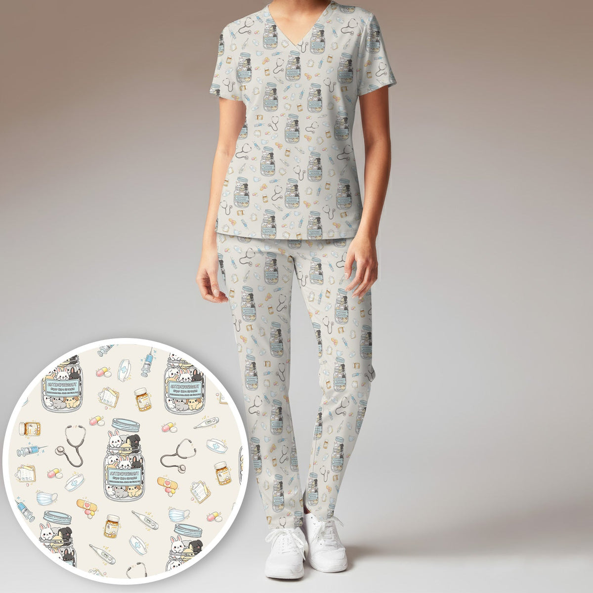 Whimsical Antidepressant Rabbit Jar Nurse Scrub Set
