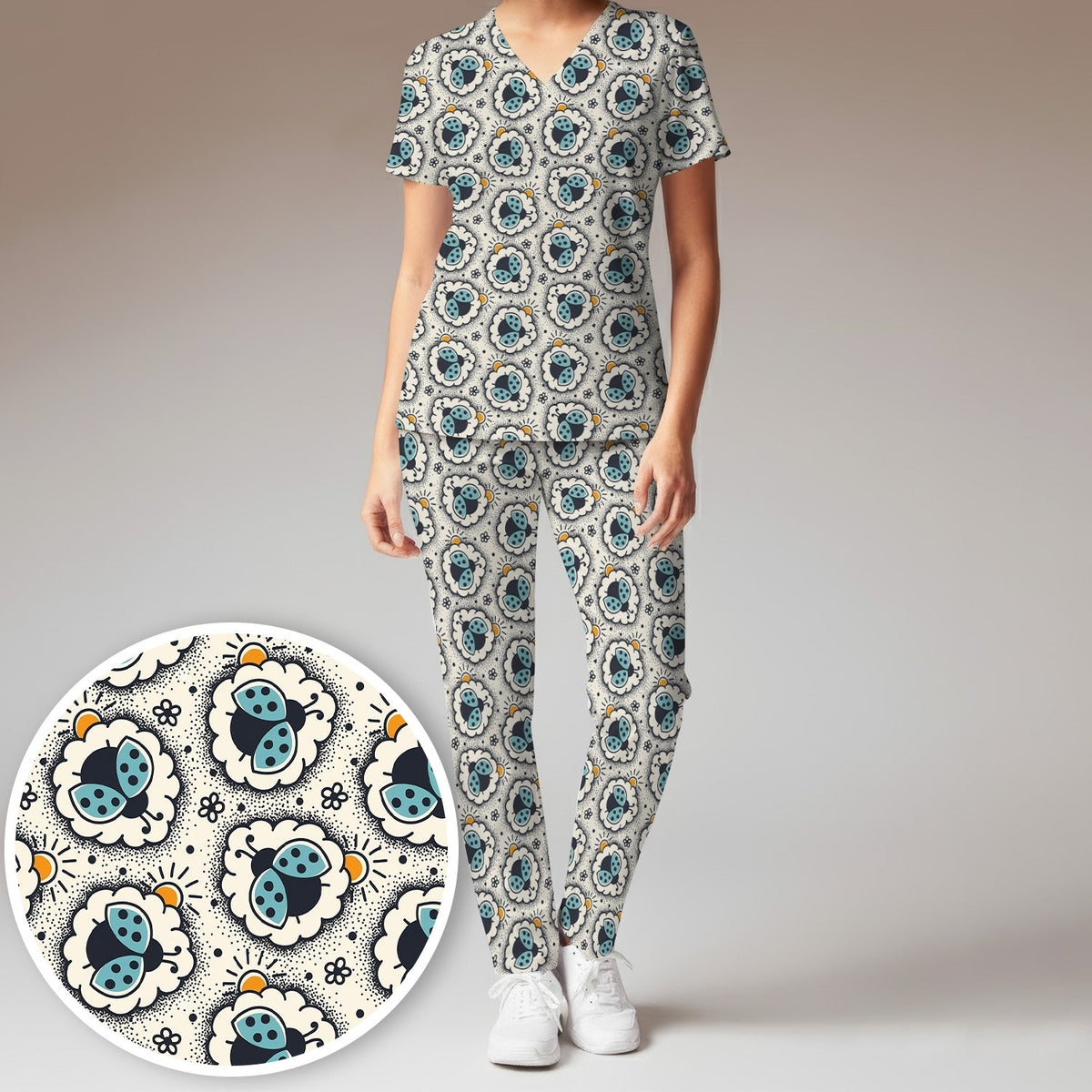 Ladybug Floral Frame Nurse Scrub Set