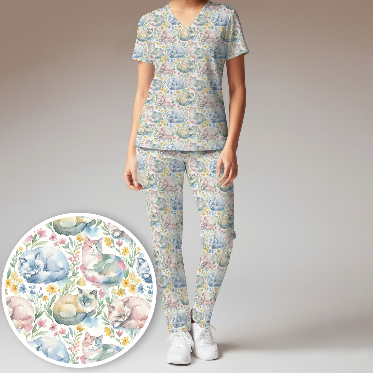 Dreamy Sleeping Cat Floral Nurse Scrub Set