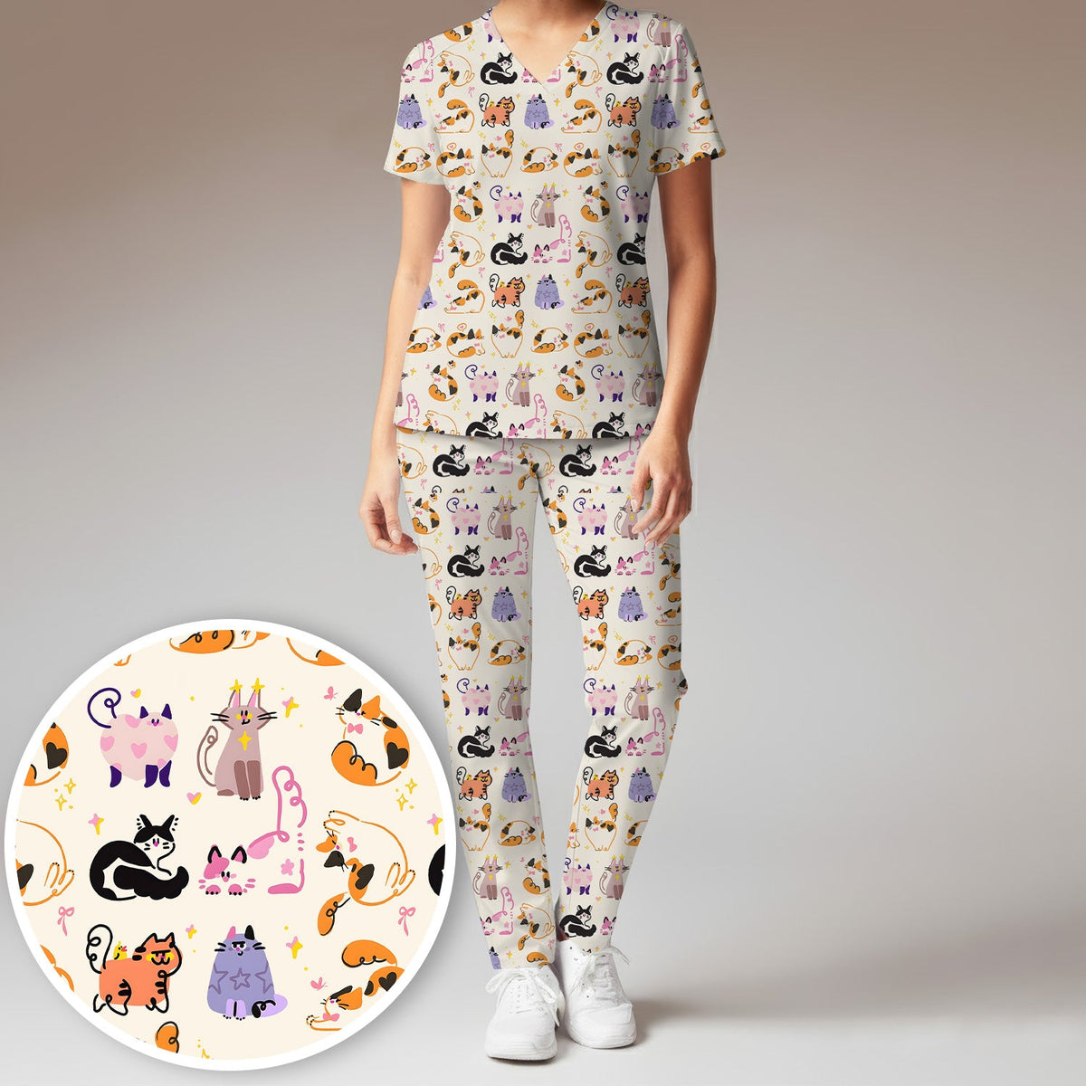 Cute Cats Pattern Nurse Scrub Set