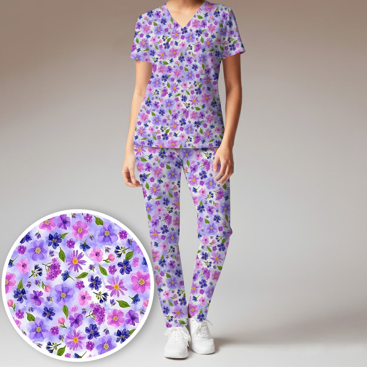 Purple Watercolor Wildflower Bloom Nurse Scrub Set