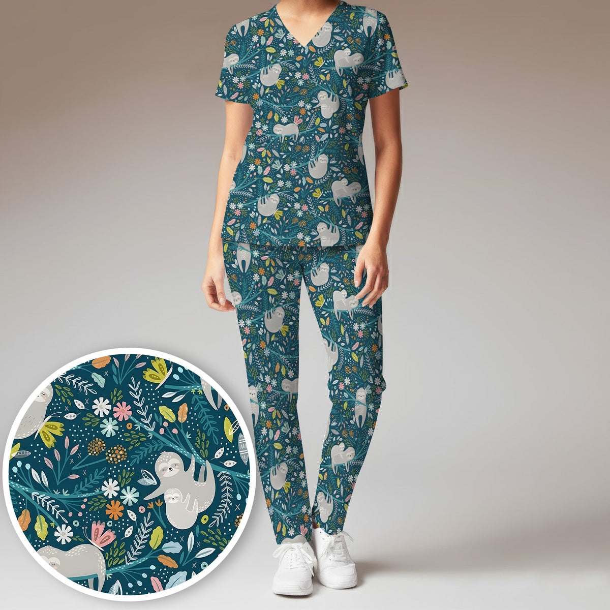 Sloth Jungle Leaf Nurse Scrub Set