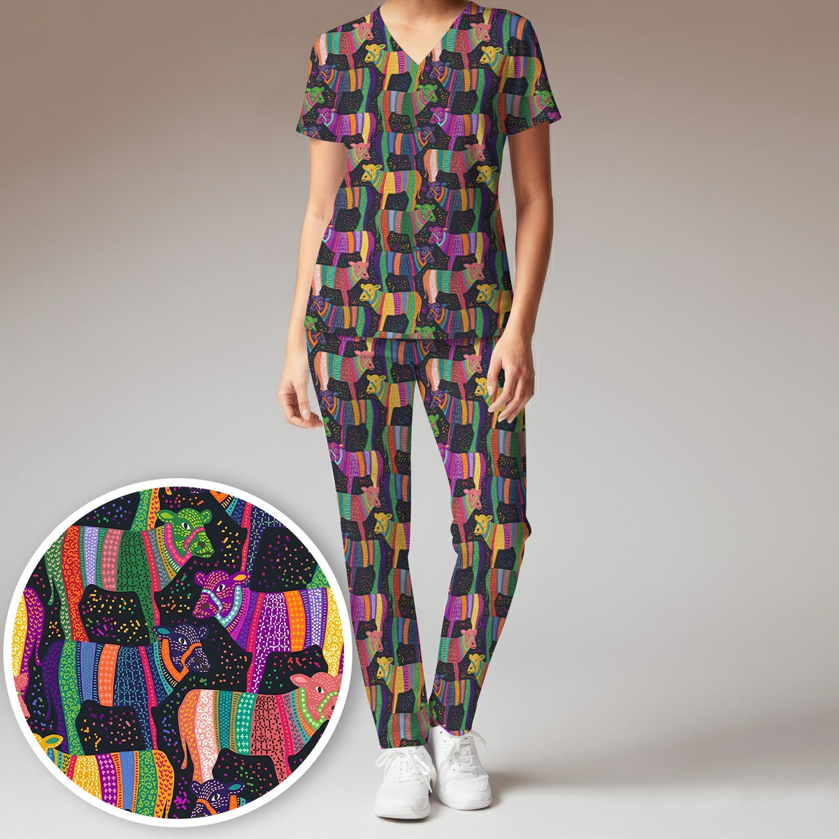 Vibrant Patchwork Rainbow Cow Nurse Scrub Set