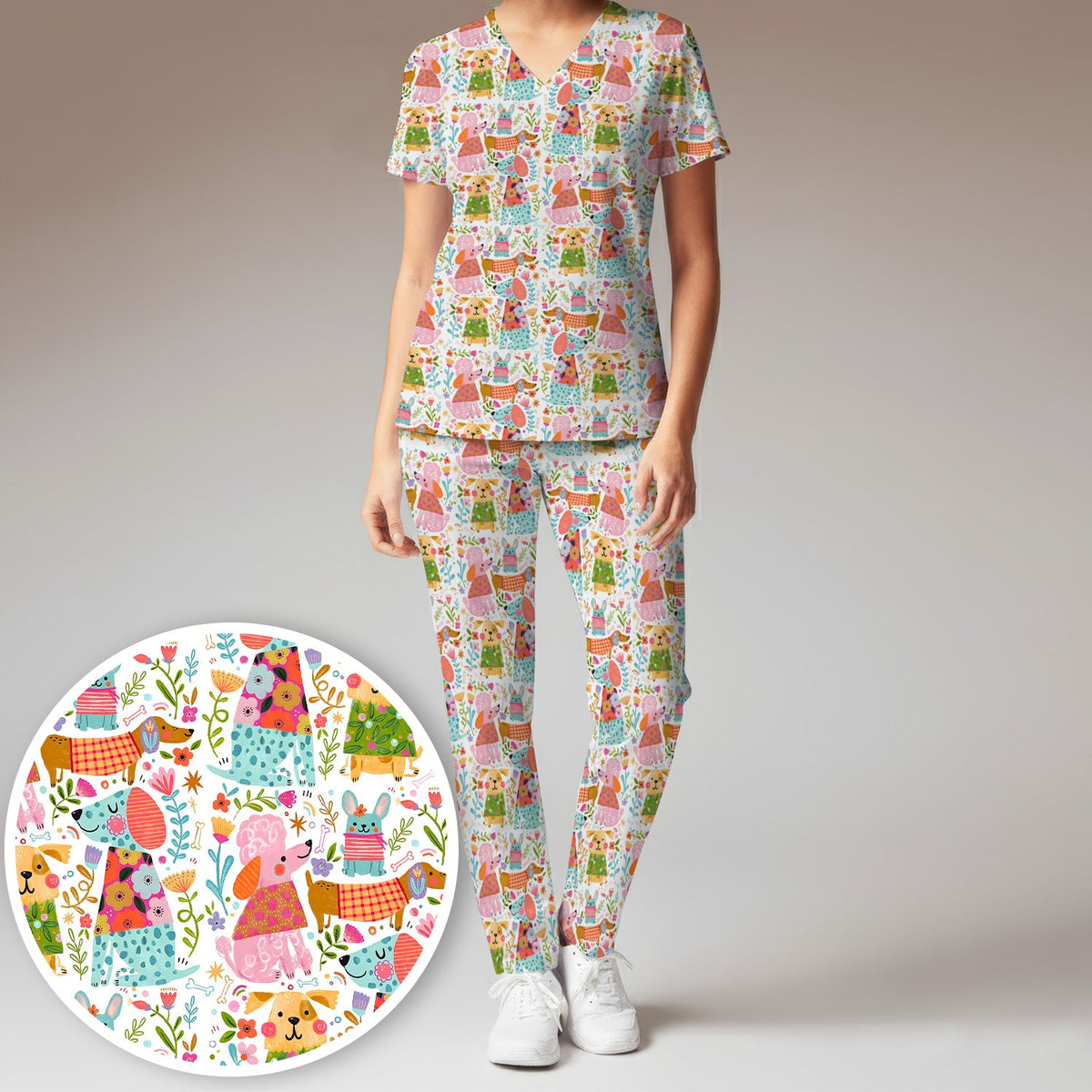 Colorful Dog Floral Nurse Scrub Set