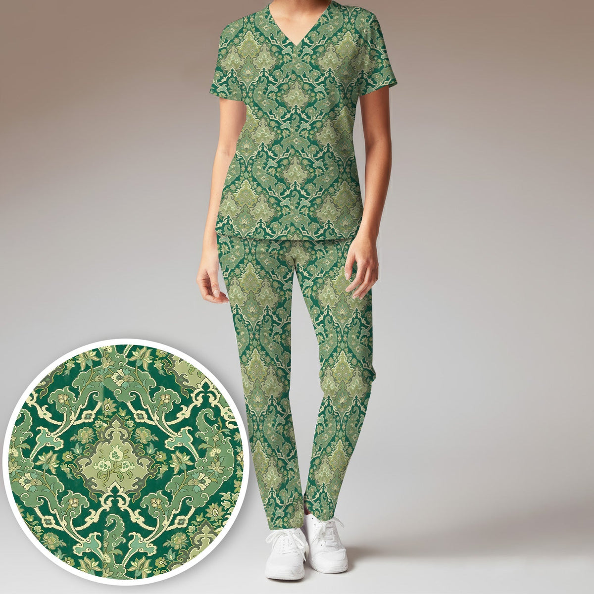 Green Vintage Damask Ornamental Nurse Scrub Set