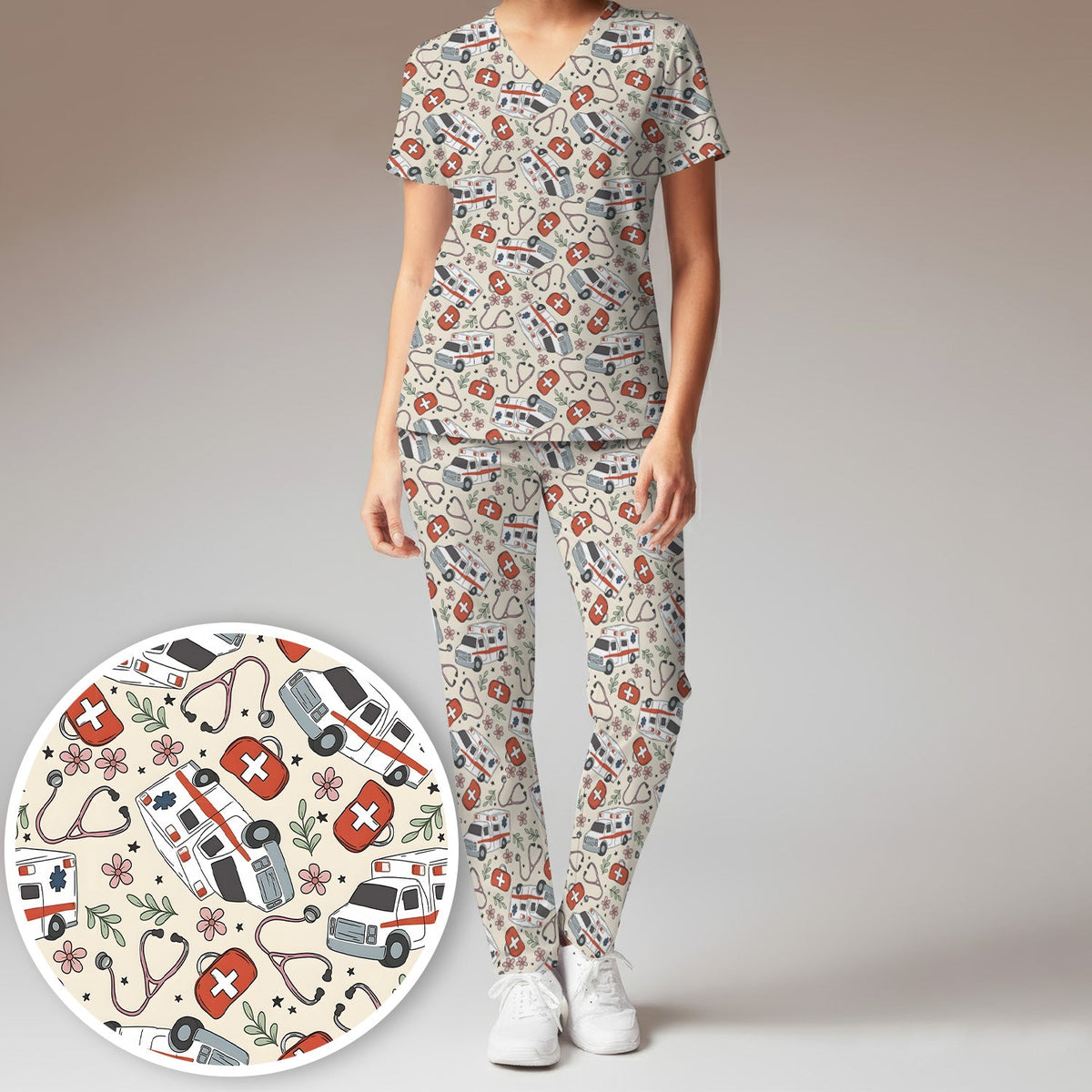 Ambulance Stethoscope First Aid Floral Nurse Scrub Set