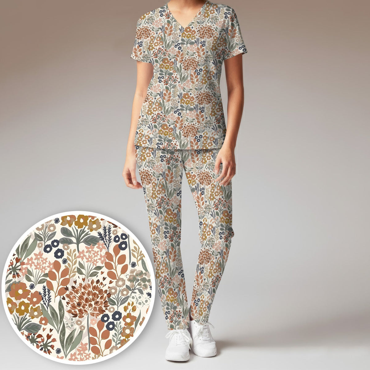 Vintage Botanical Floral Nurse Scrub Set