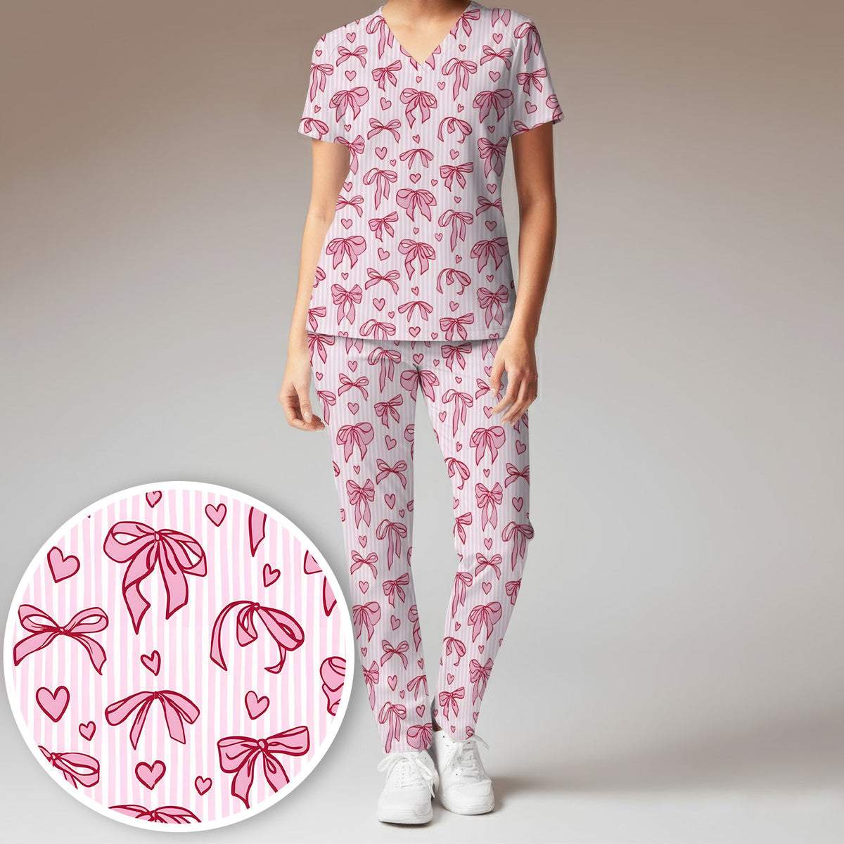 Pink Bow Heart Stripe Nurse Scrub Set