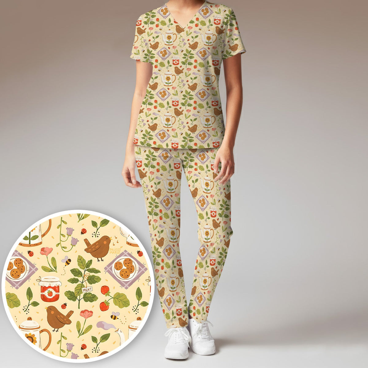 Garden Tea Bird Strawberry Nurse Scrub Set