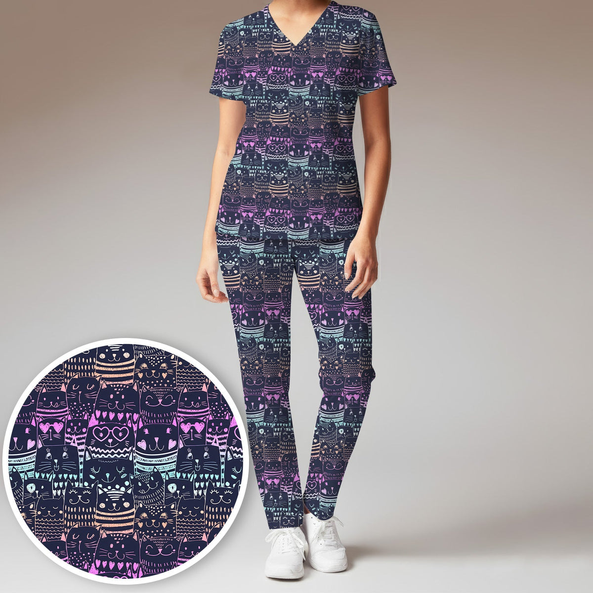 Neon Cat Faces Nurse Scrub Set