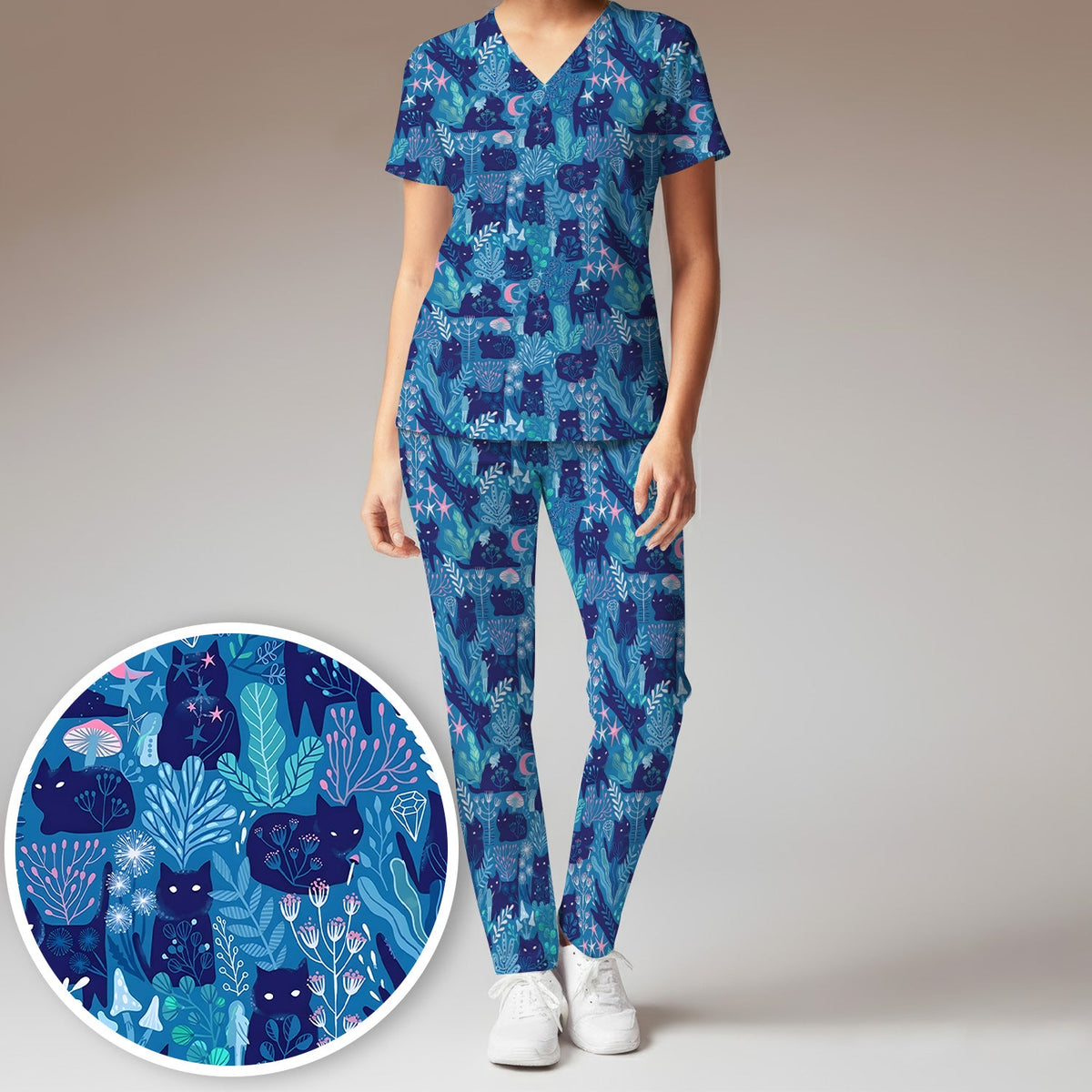 Adorable Celestial Cat Moon Star Nurse Scrub Set