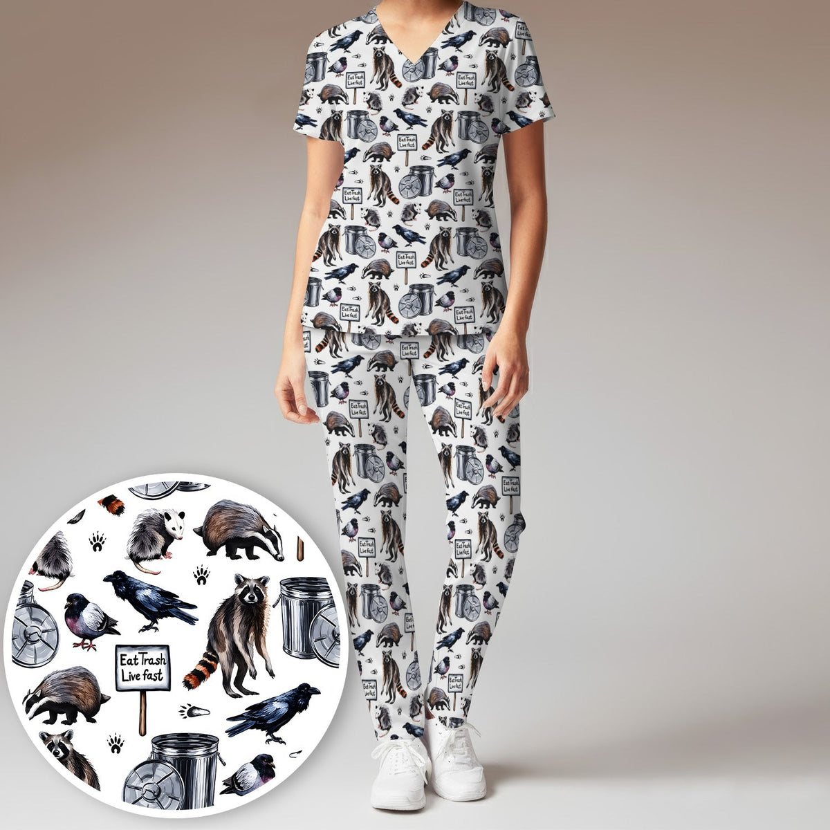 Raccoon Opossum Eat Trash Nurse Scrub Set