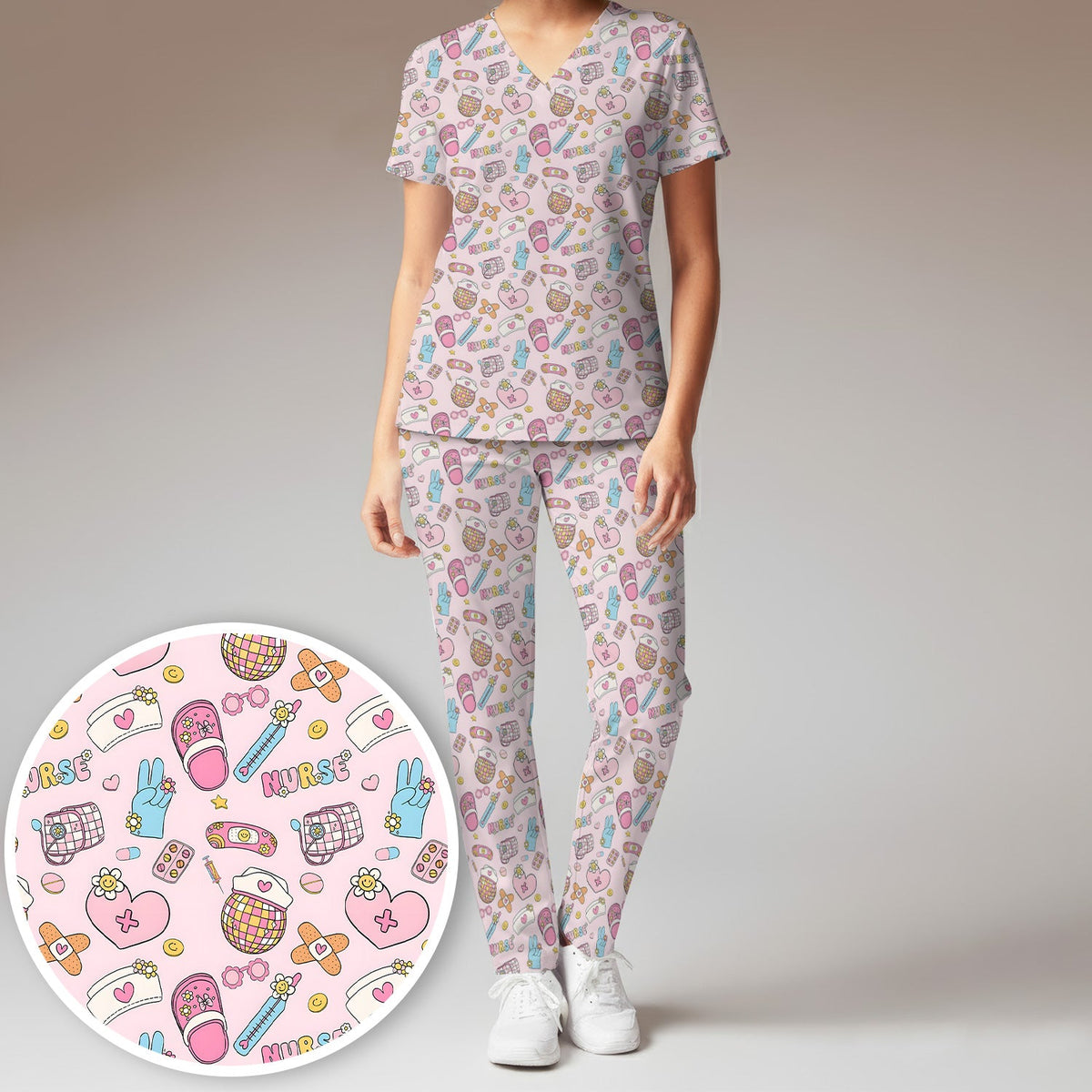 Pink Medical Tools Nurse Scrub Set