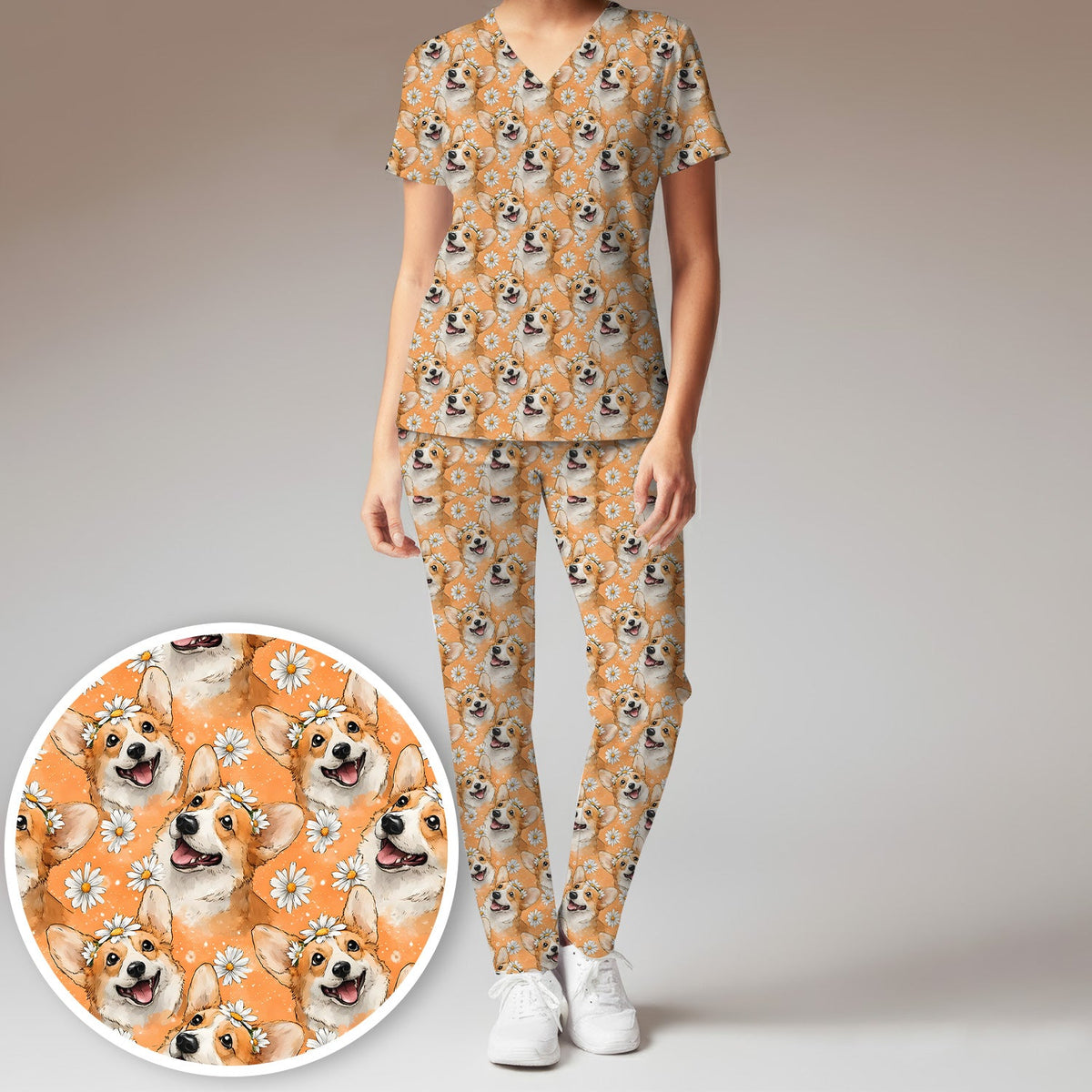 Corgi Daisy Floral Orange Nurse Scrub Set