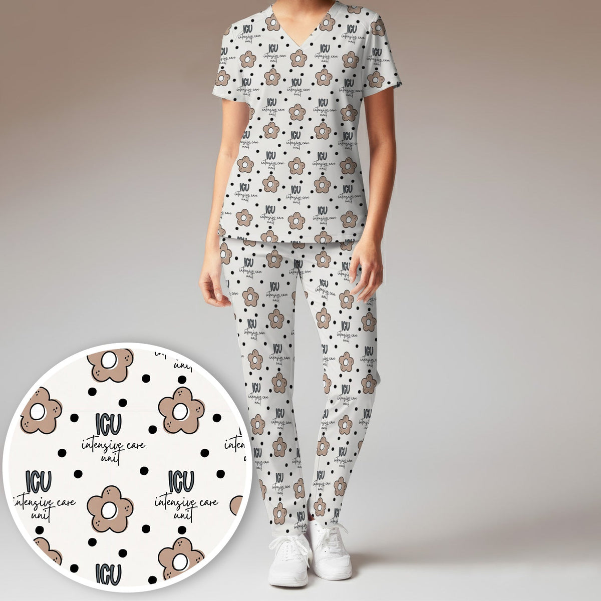 ICU Flower Polka Dot Nurse Scrub Set