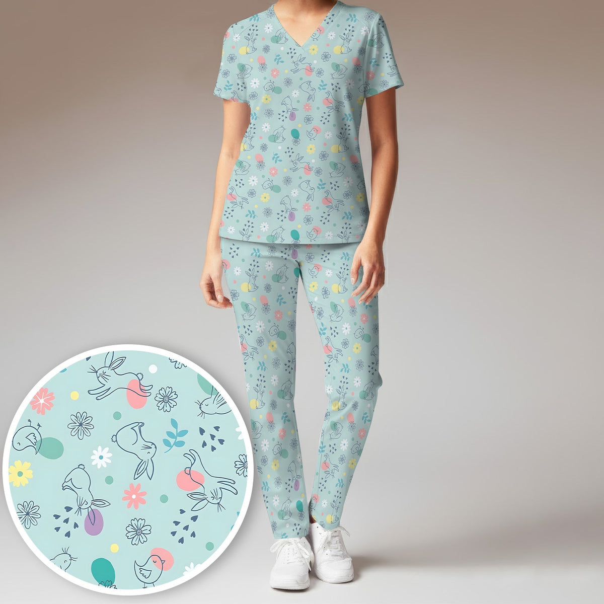 Whimsical Easter Bunny Eggs Nurse Scrub Set