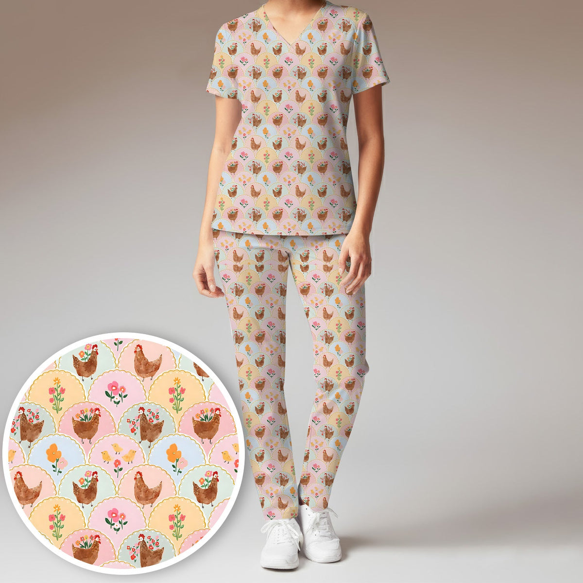 Pastel Chicken Floral Nurse Scrub Set