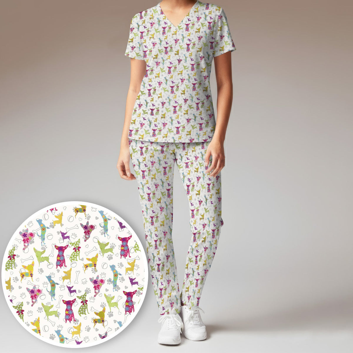 Colorful Playful Dog Nurse Scrub Set