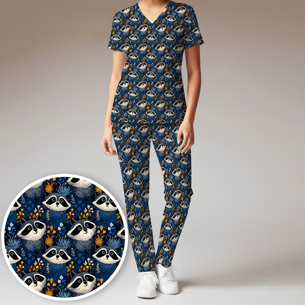 Raccoon Blue Floral Forest Nurse Scrub Set
