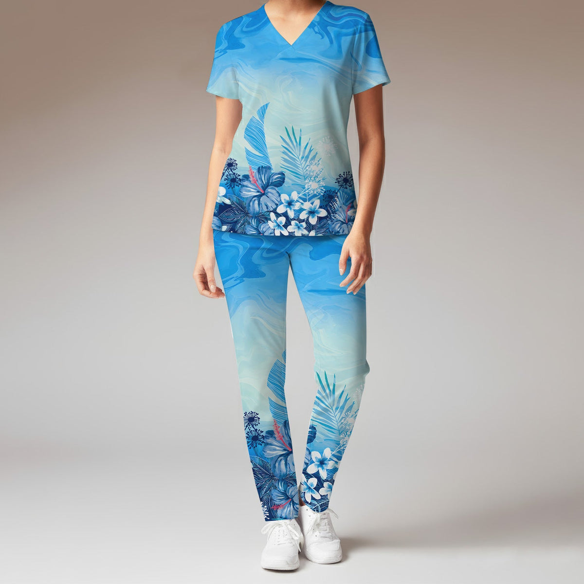 Elegant Blue Tropical Floral Nurse Scrub Set