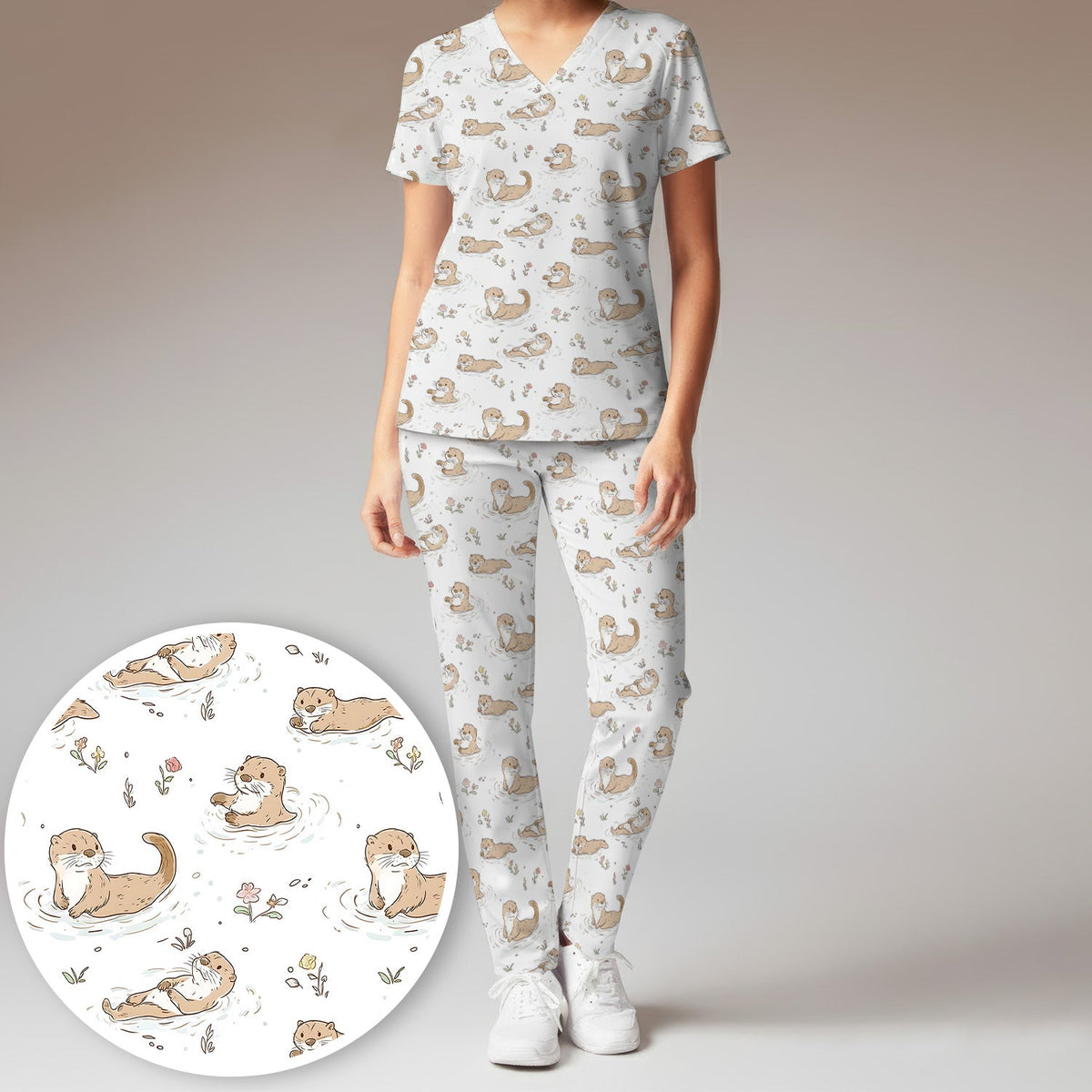 Otter Swimming Floating Water Nurse Scrub Set