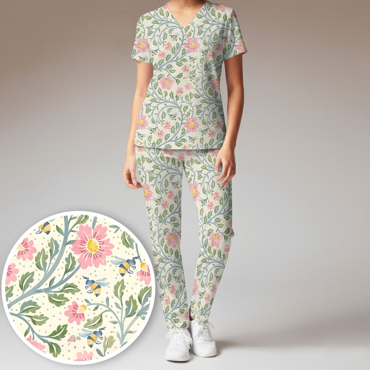 Floral Bee Garden Nurse Scrub Set