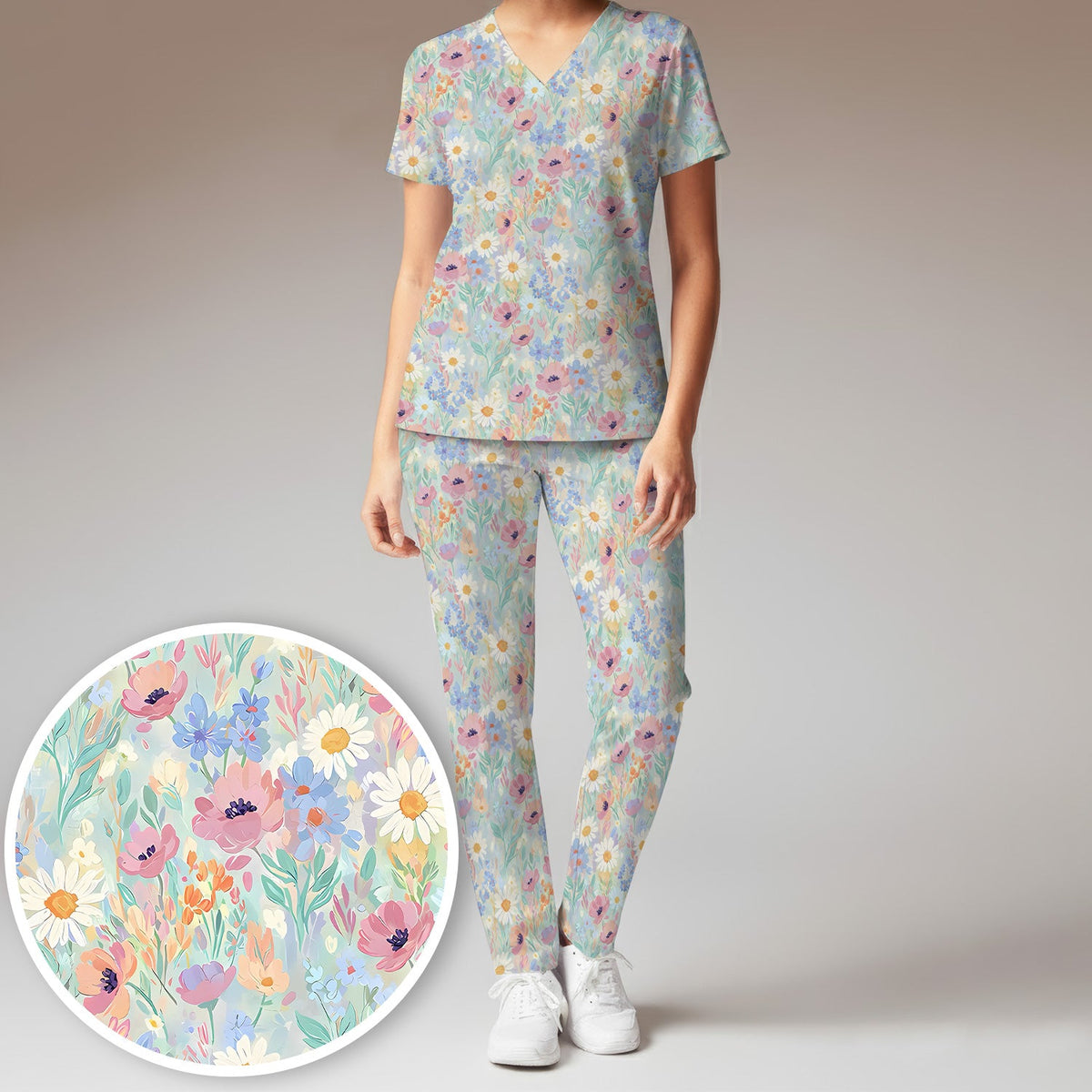 Pastel Wildflower Meadow Floral Nurse Scrub Set