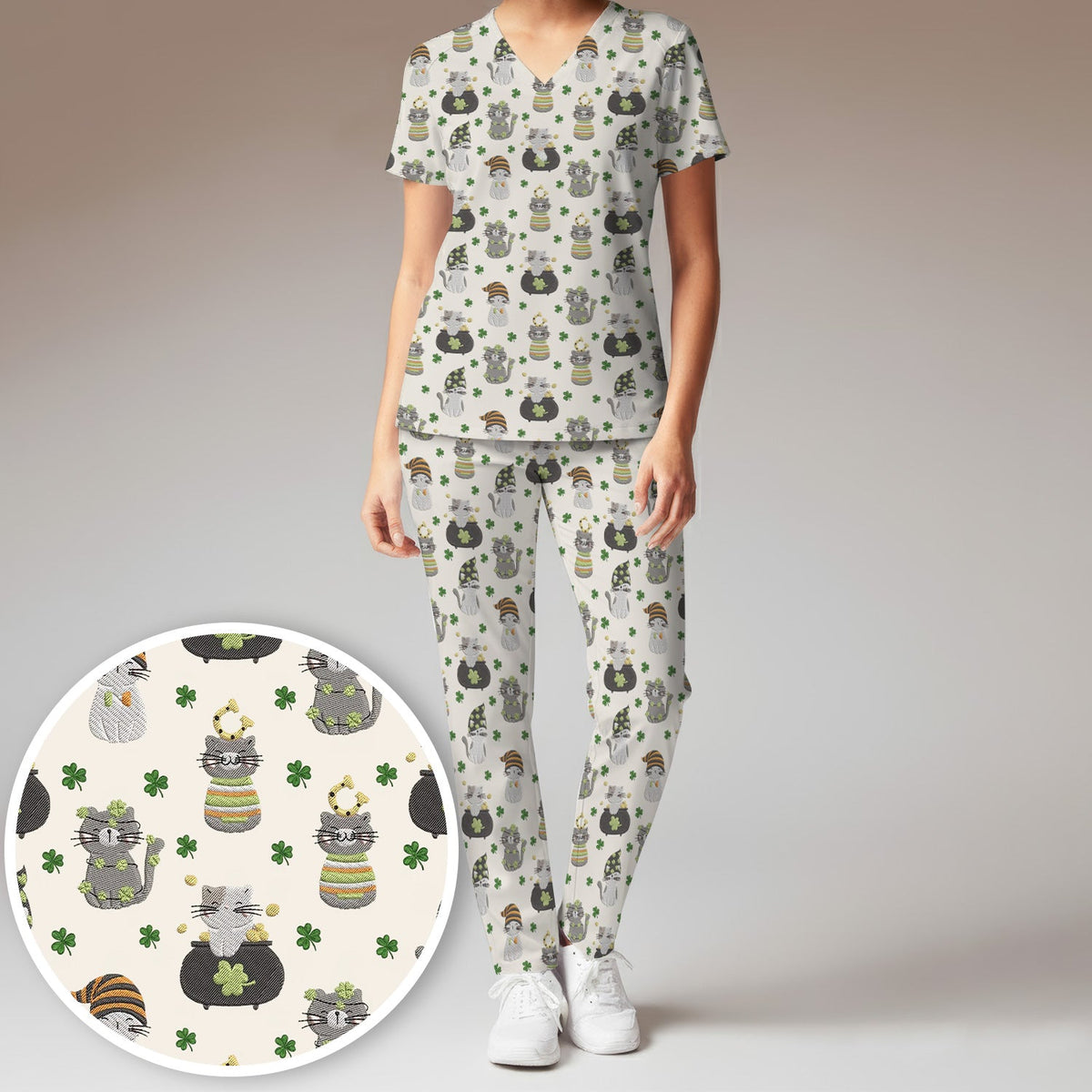 St Patrick Lucky Cat Shamrock Nurse Scrub Set