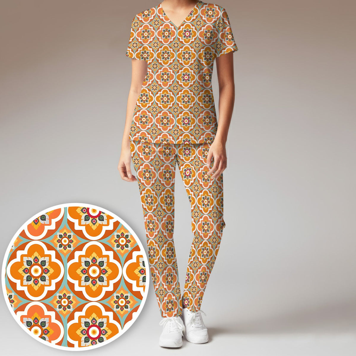 Orange Retro Geometric Floral Nurse Scrub Set