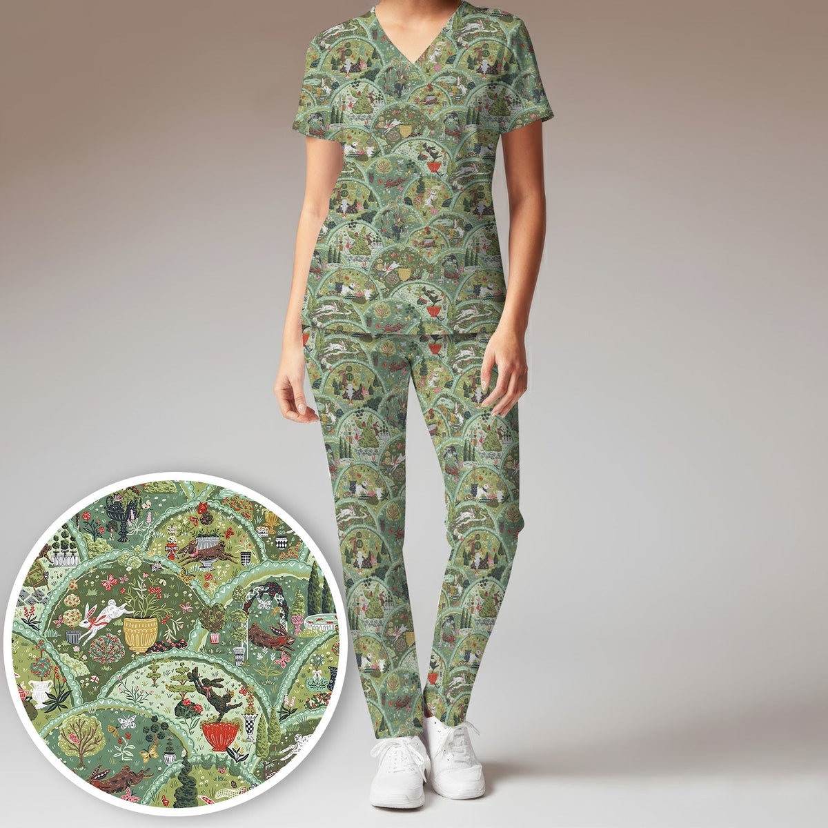 Whimsical Garden Scene Rabbit Nurse Scrub Set