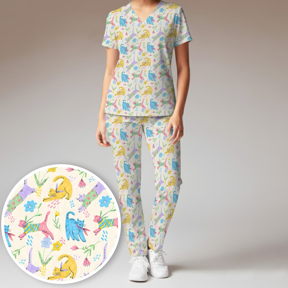 Colorful Cat Floral Nurse Scrub Set