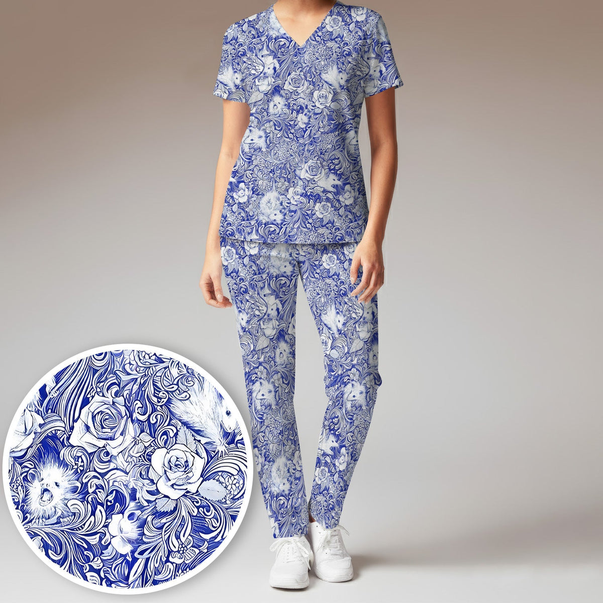 Blue Toile Porcupine Floral Nurse Scrub Set