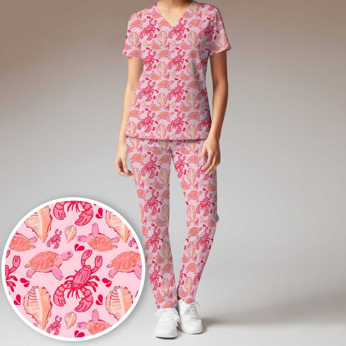 Pink Sea Turtle Lobster Shell Nurse Scrub Set