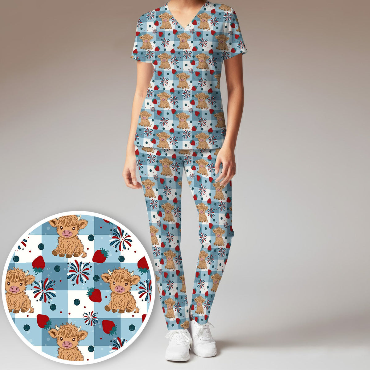 Highland Cow Strawberry Gingham Nurse Scrub Set