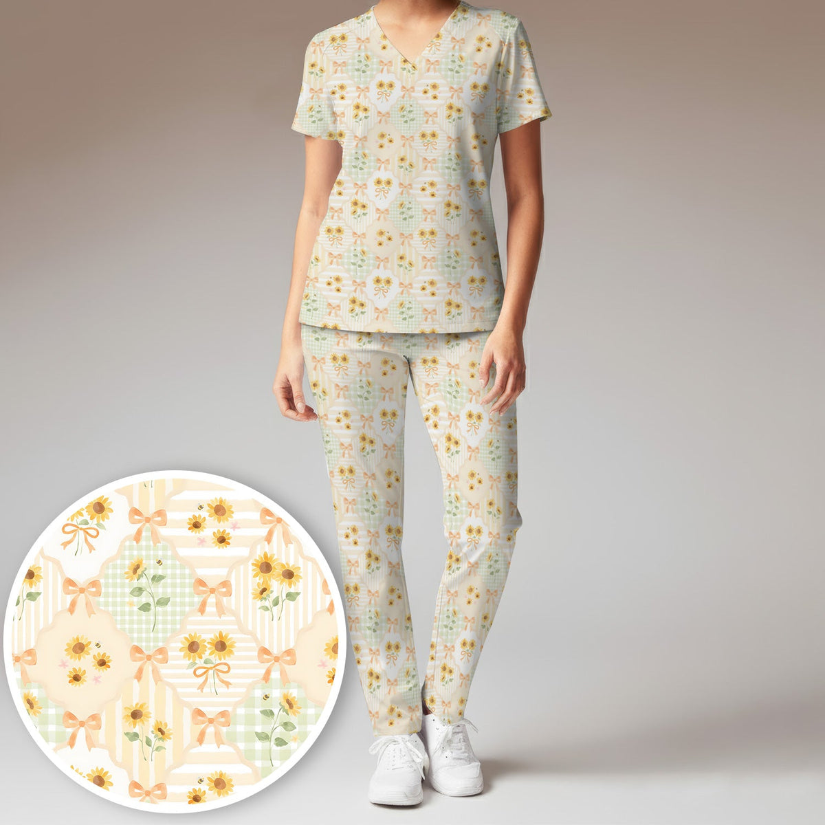 Sunflower Ribbon Patchwork Nurse Scrub Set