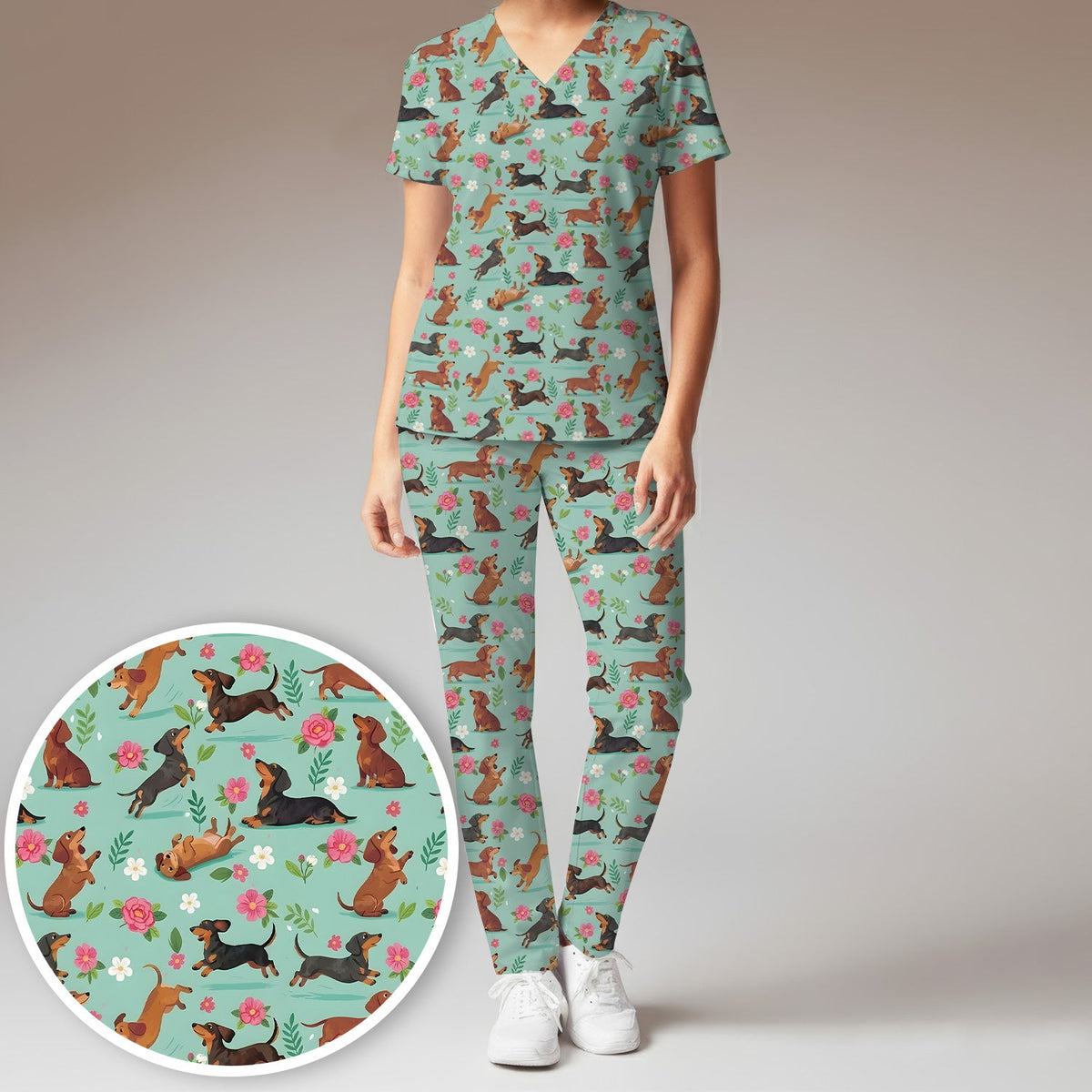 Floral Dachshund Puppy Nurse Scrub Set