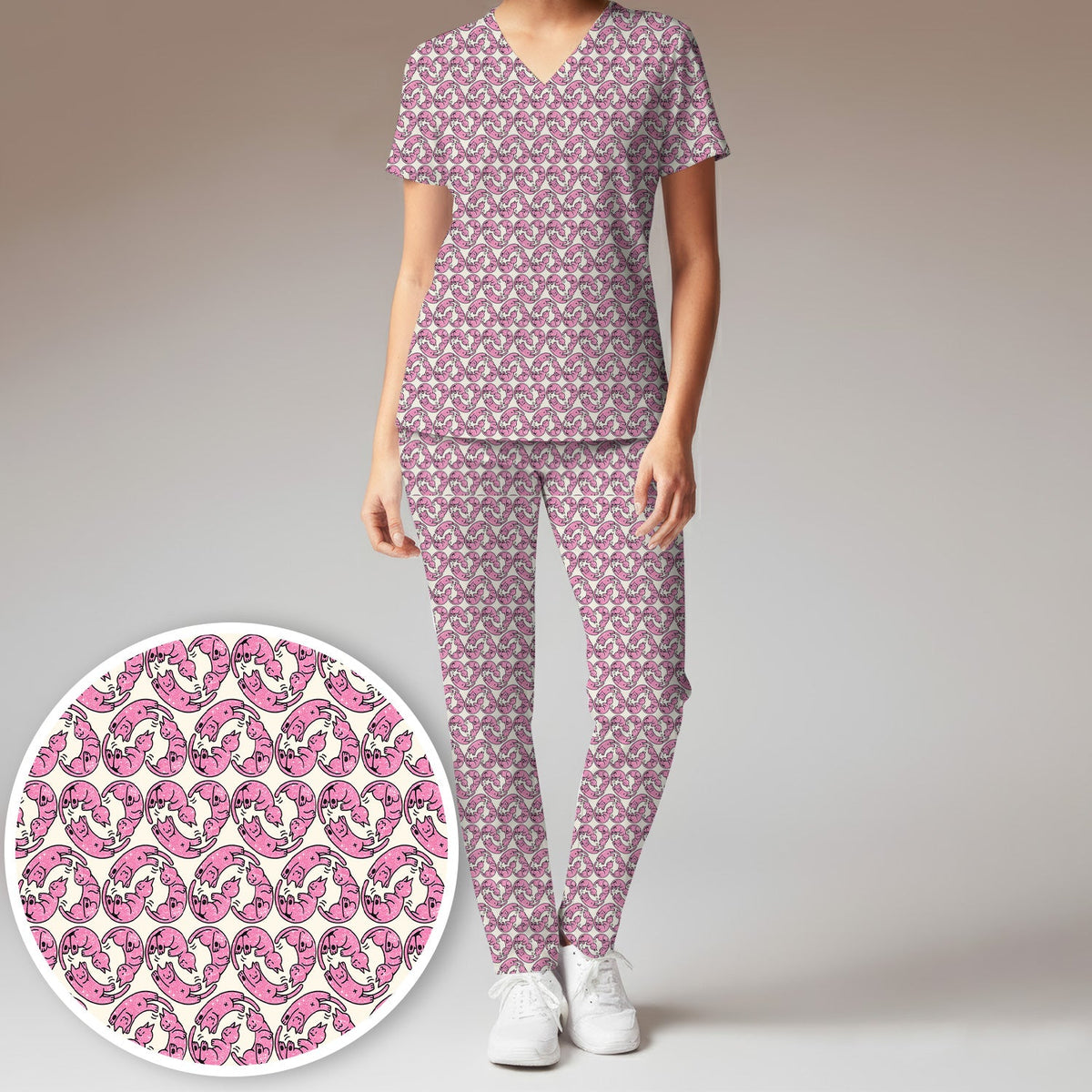 Pink Cat Cartoon Nurse Scrub Set