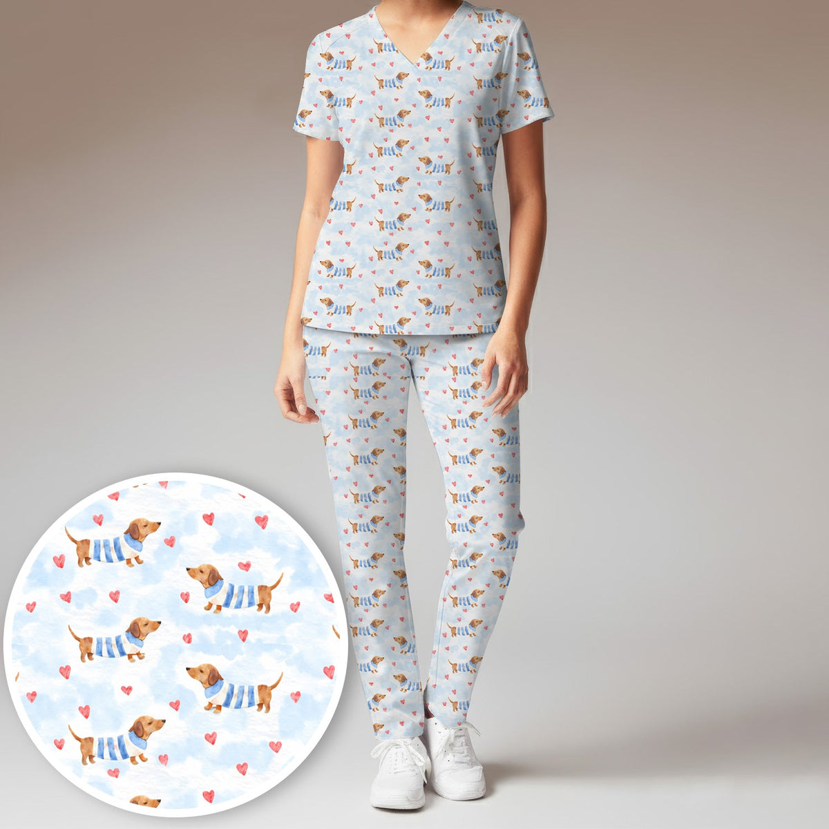 Sweet Dachshund Pink Hearts Nurse Scrub Set