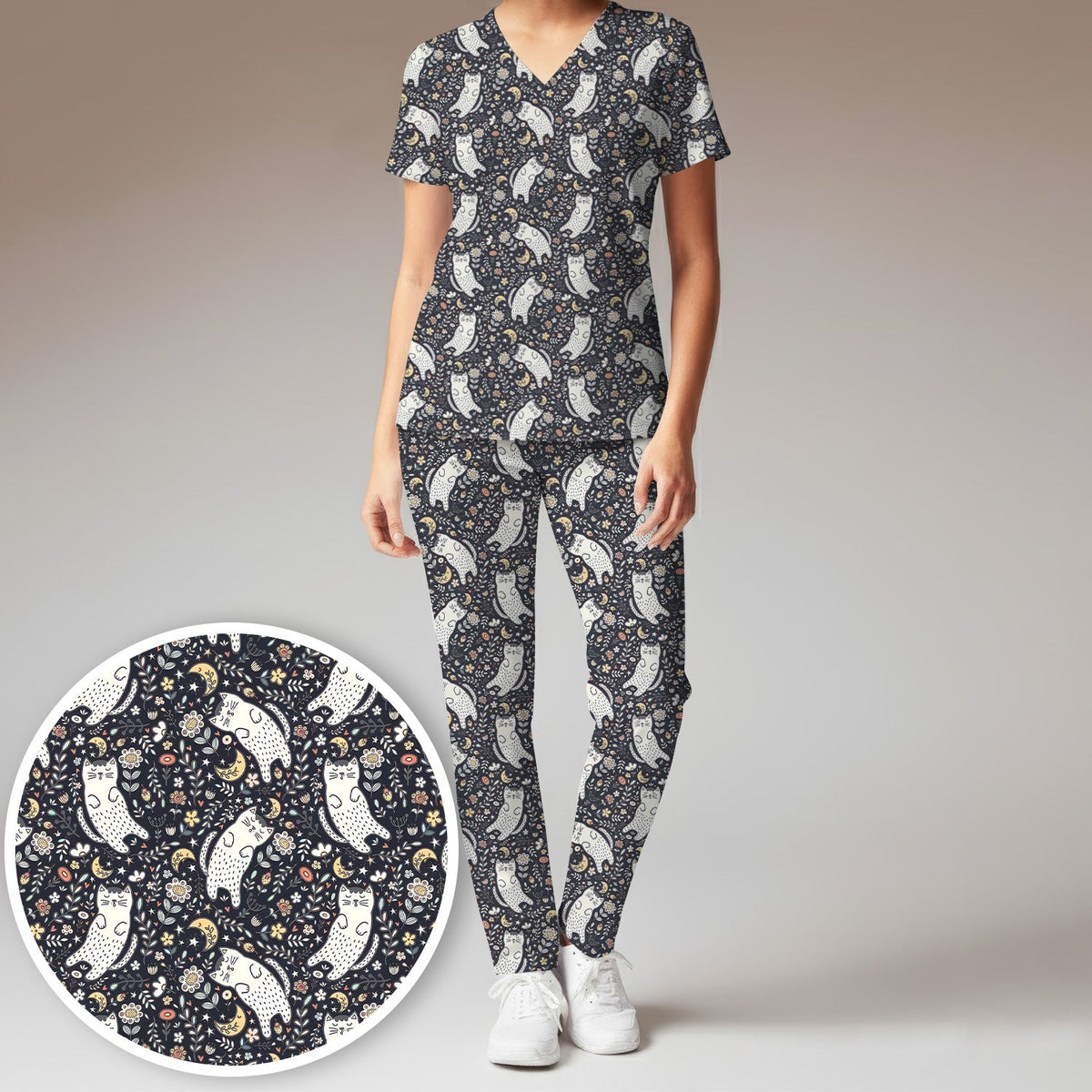 Moonlit Floral Cat Nurse Scrub Set