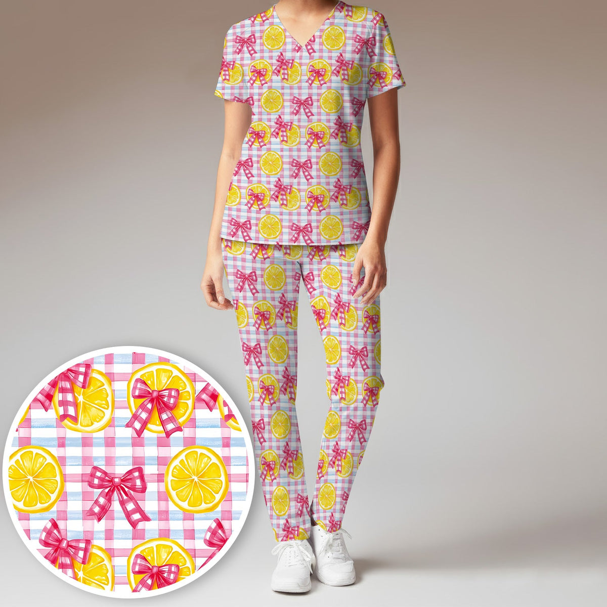 Lemon Slice Pink Bow Gingham Nurse Scrub Set