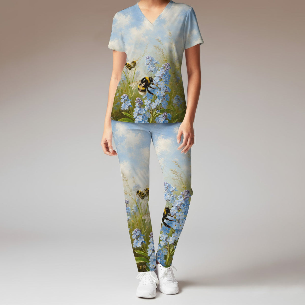 Whimsical Bumblebee Blue Blossom Nurse Scrub Set